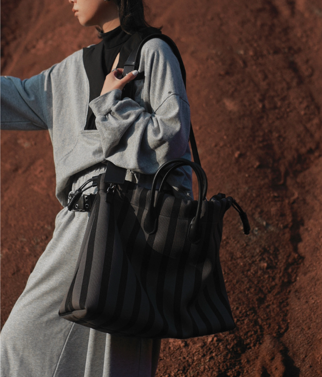 Large Capacity Canvas Tote Bag - Grey Stripes, Drawstring Top, Leather Handles 3