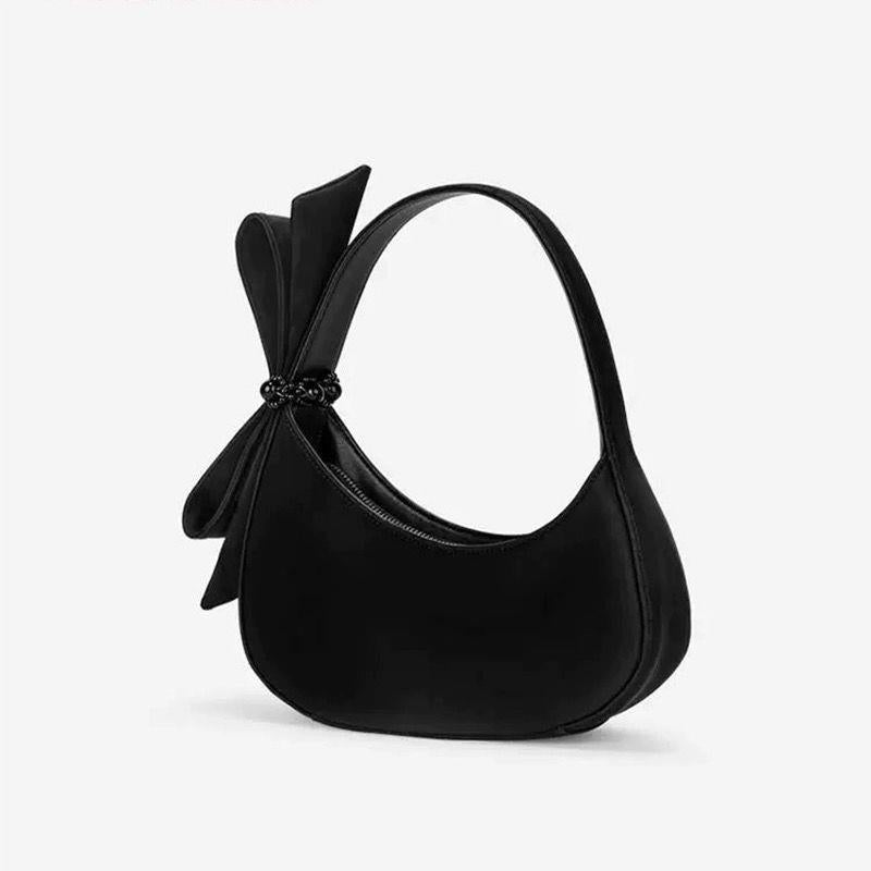 Chic Black Crescent Bag with Statement Bow - PU Leather Shoulder Purse 3