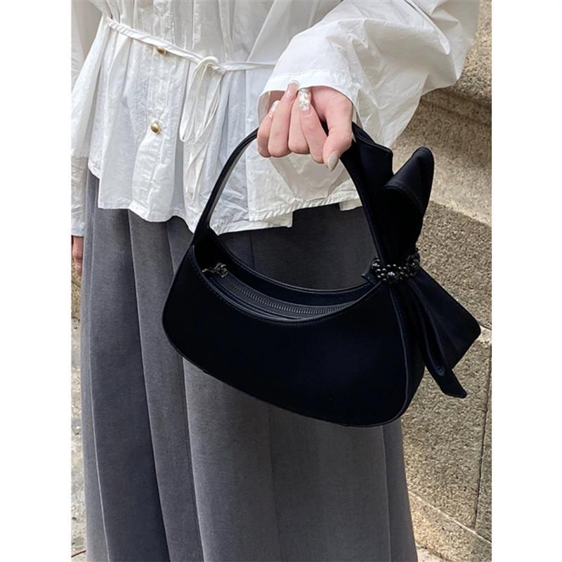 Chic Black Crescent Bag with Statement Bow - PU Leather Shoulder Purse 4