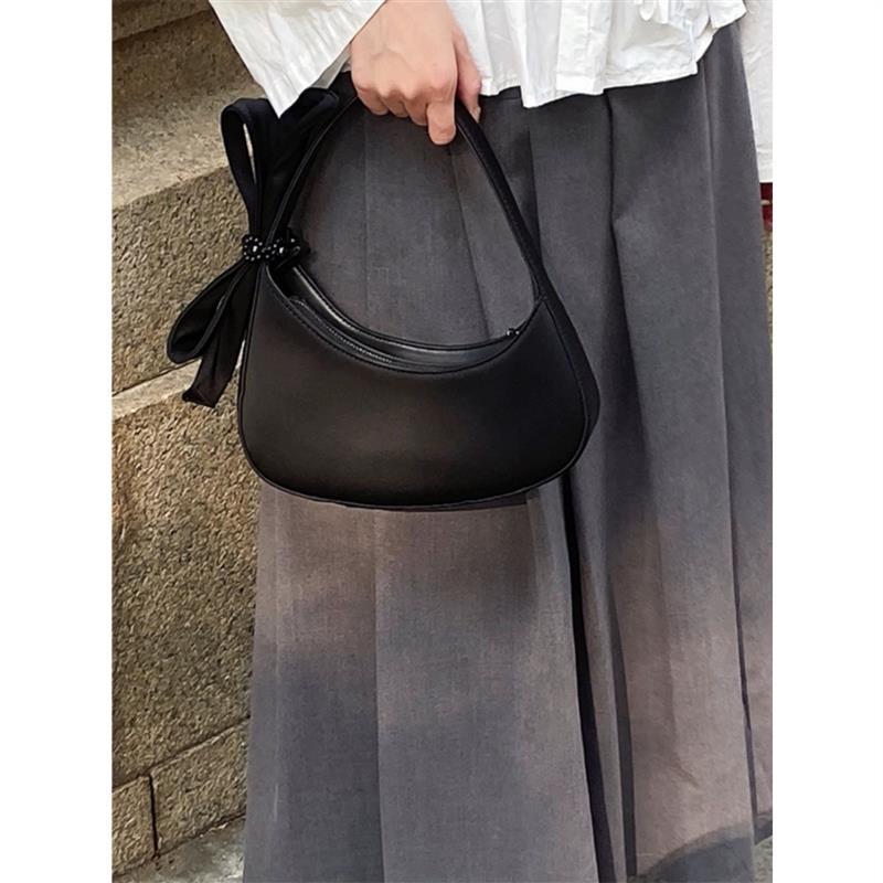 Chic Black Crescent Bag with Statement Bow - PU Leather Shoulder Purse 5