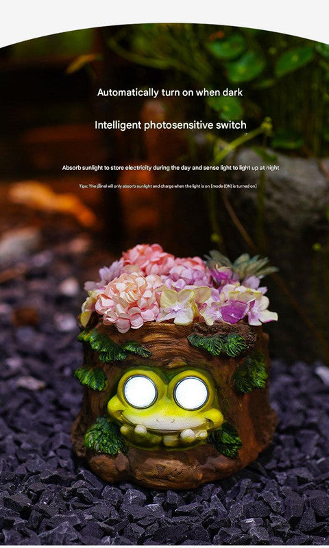 Frog Solar Light Planter - Resin Succulent Pot with Glowing Eyes (Stump frog) 3