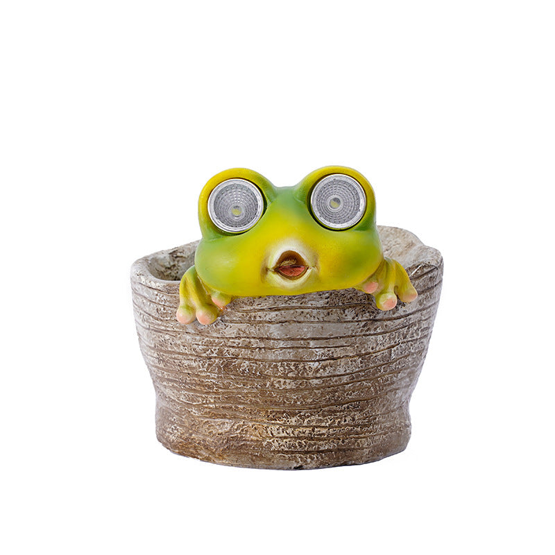 Frog Solar Light Planter - Resin Succulent Pot with Glowing Eyes (stone basin frog)