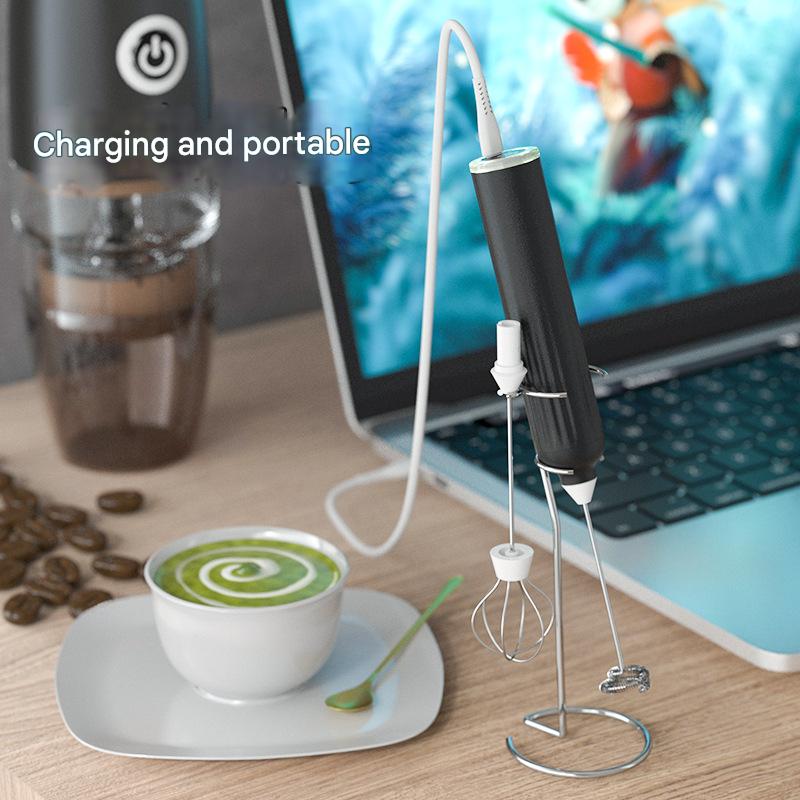 Black USB Rechargeable Milk Frother - 3-Speed Handheld Electric Whisk with Stand 7