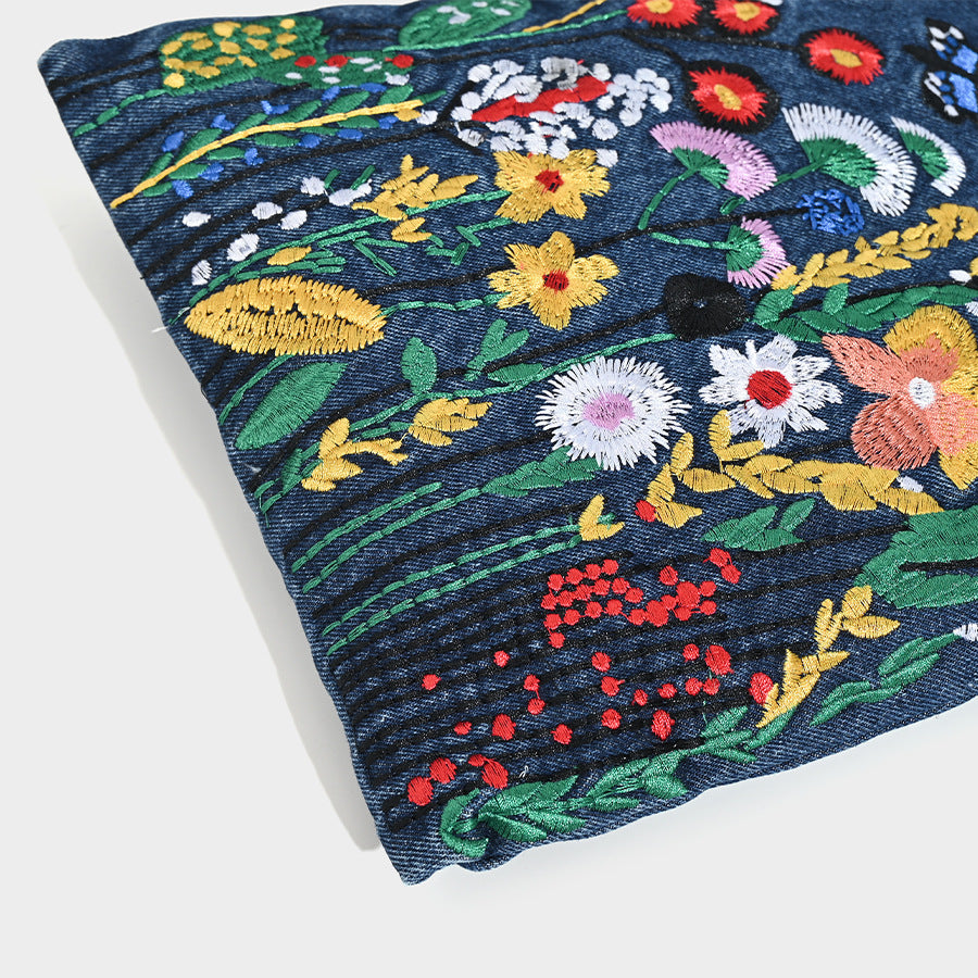 Embroidered Floral Denim Crossbody Bag - Butterfly & Wildflower Design, Chain Strap 3