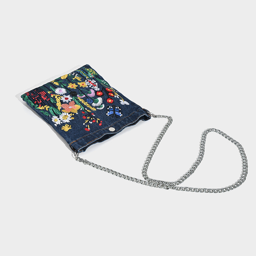Embroidered Floral Denim Crossbody Bag - Butterfly & Wildflower Design, Chain Strap 4