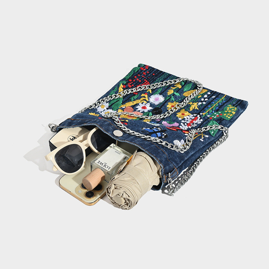 Embroidered Floral Denim Crossbody Bag - Butterfly & Wildflower Design, Chain Strap 5
