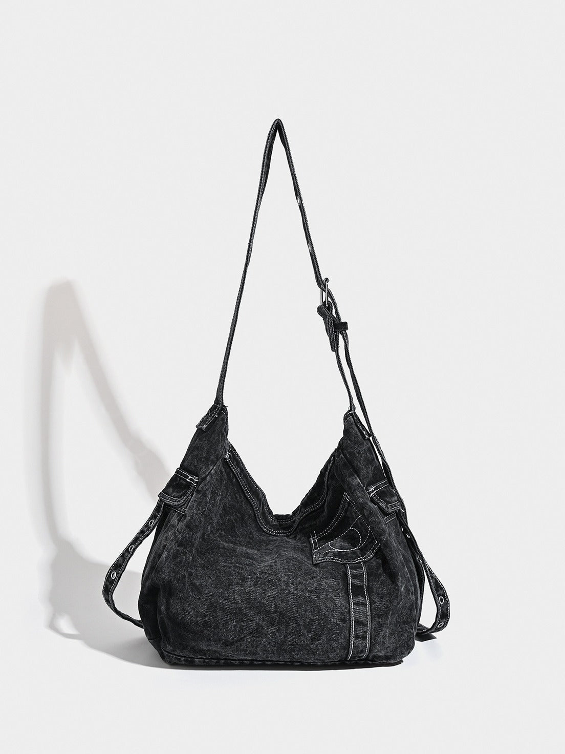 Distressed Black Denim Messenger Bag - Rivet Detail, Adjustable Strap, Large Streetwear Tote 3