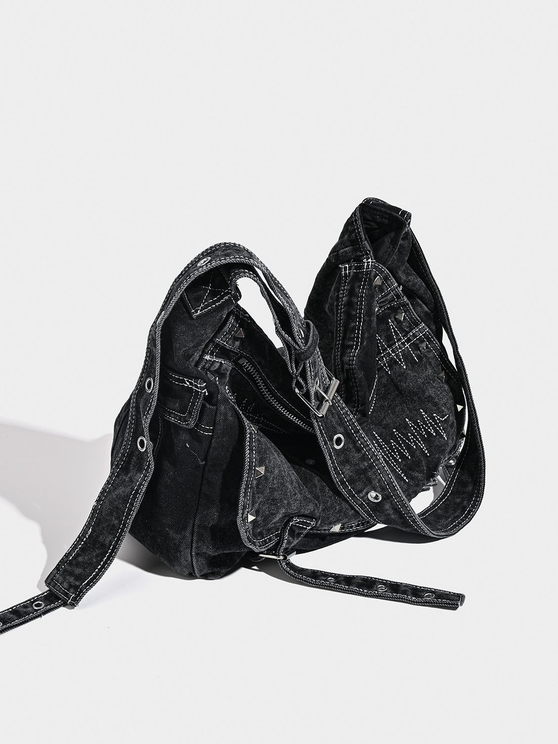 Distressed Black Denim Messenger Bag - Rivet Detail, Adjustable Strap, Large Streetwear Tote 4