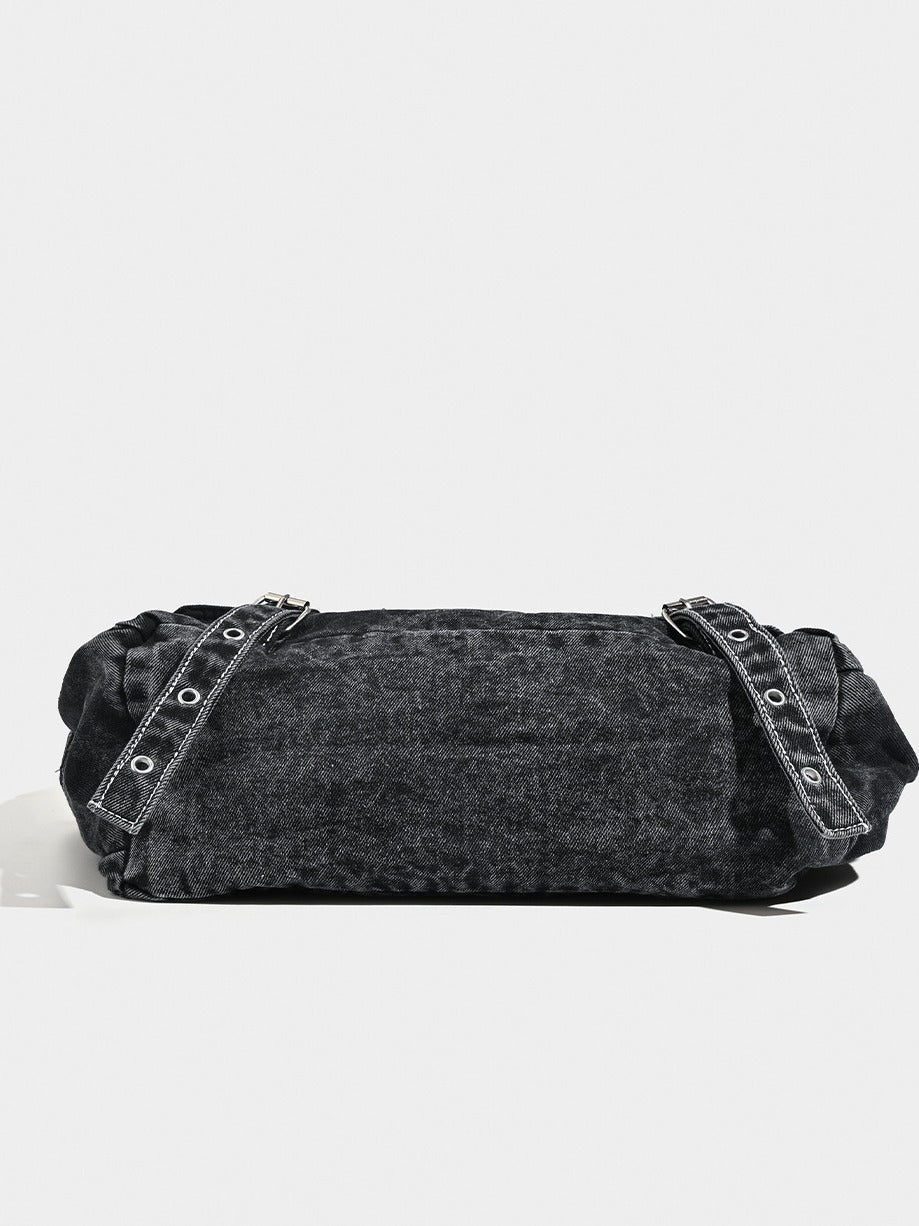 Distressed Black Denim Messenger Bag - Rivet Detail, Adjustable Strap, Large Streetwear Tote 5