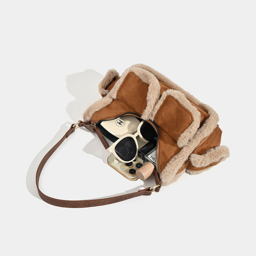 Faux Shearling Trim Suede Shoulder Bag - Multi-Pocket Y2K Retro Style 3