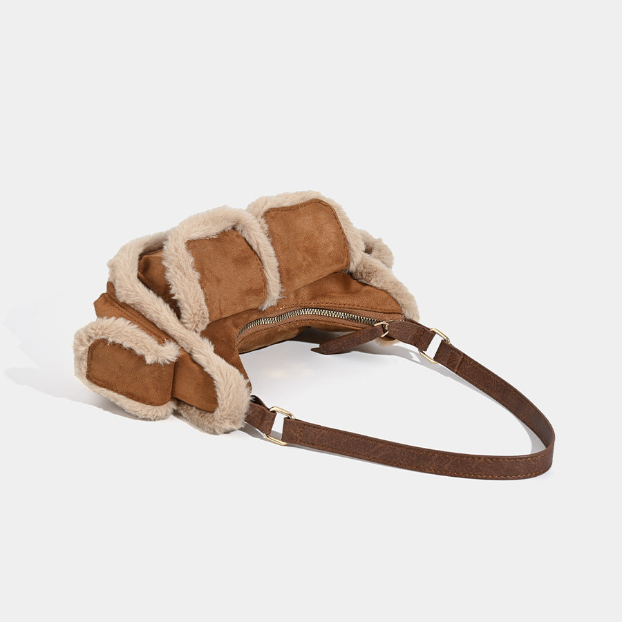 Faux Shearling Trim Suede Shoulder Bag - Multi-Pocket Y2K Retro Style 4