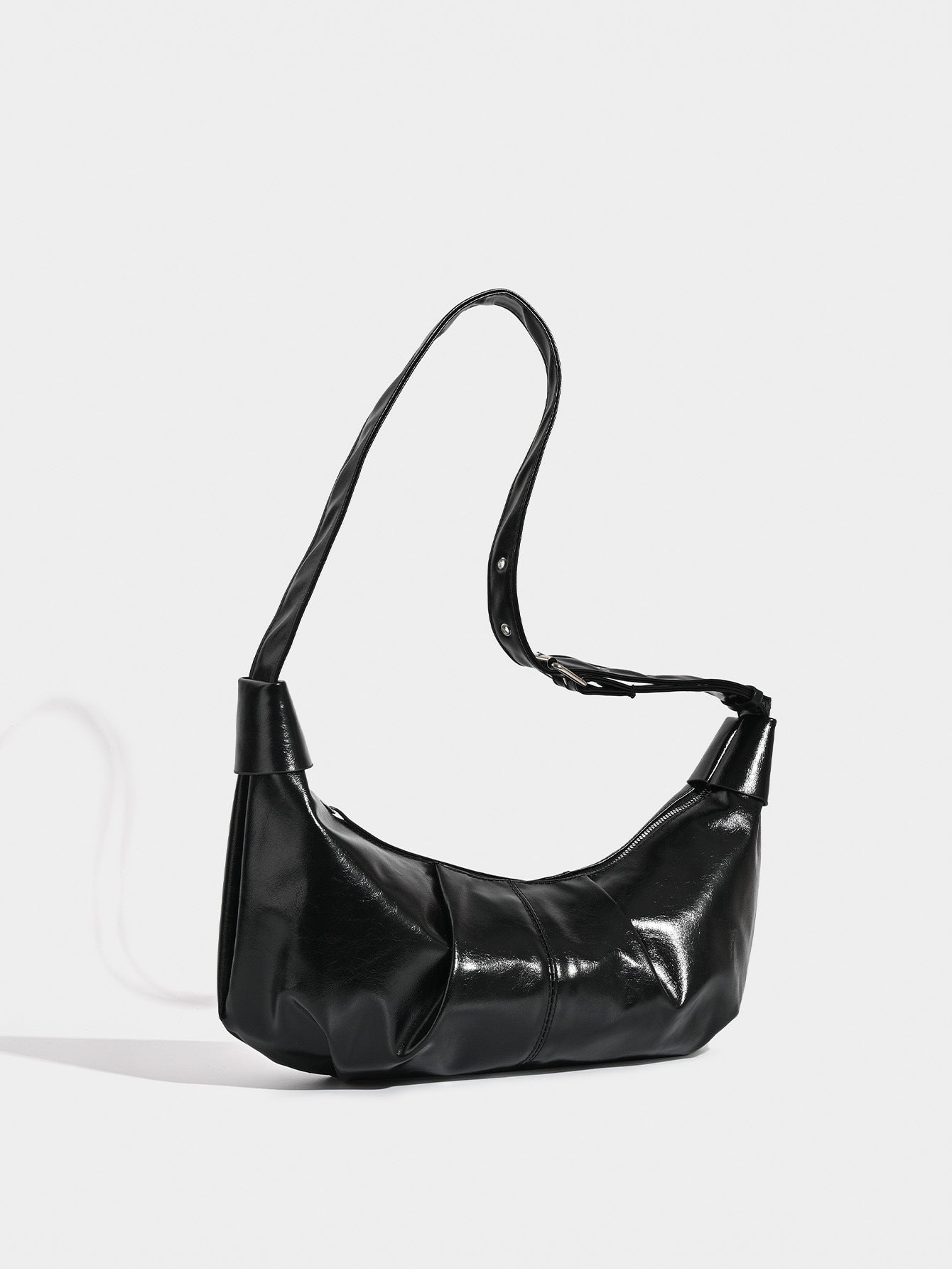Chic Ruched Faux Leather Bag - Vintage Inspired Croissant Style, Black 3
