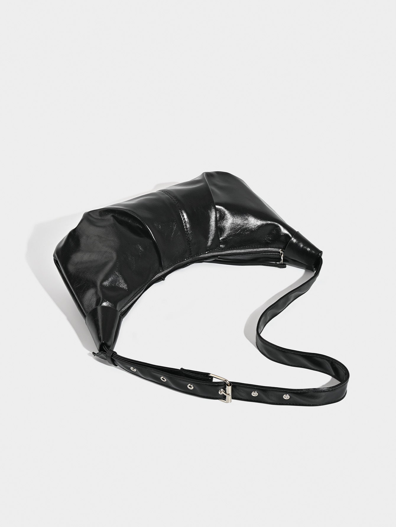 Chic Ruched Faux Leather Bag - Vintage Inspired Croissant Style, Black 4
