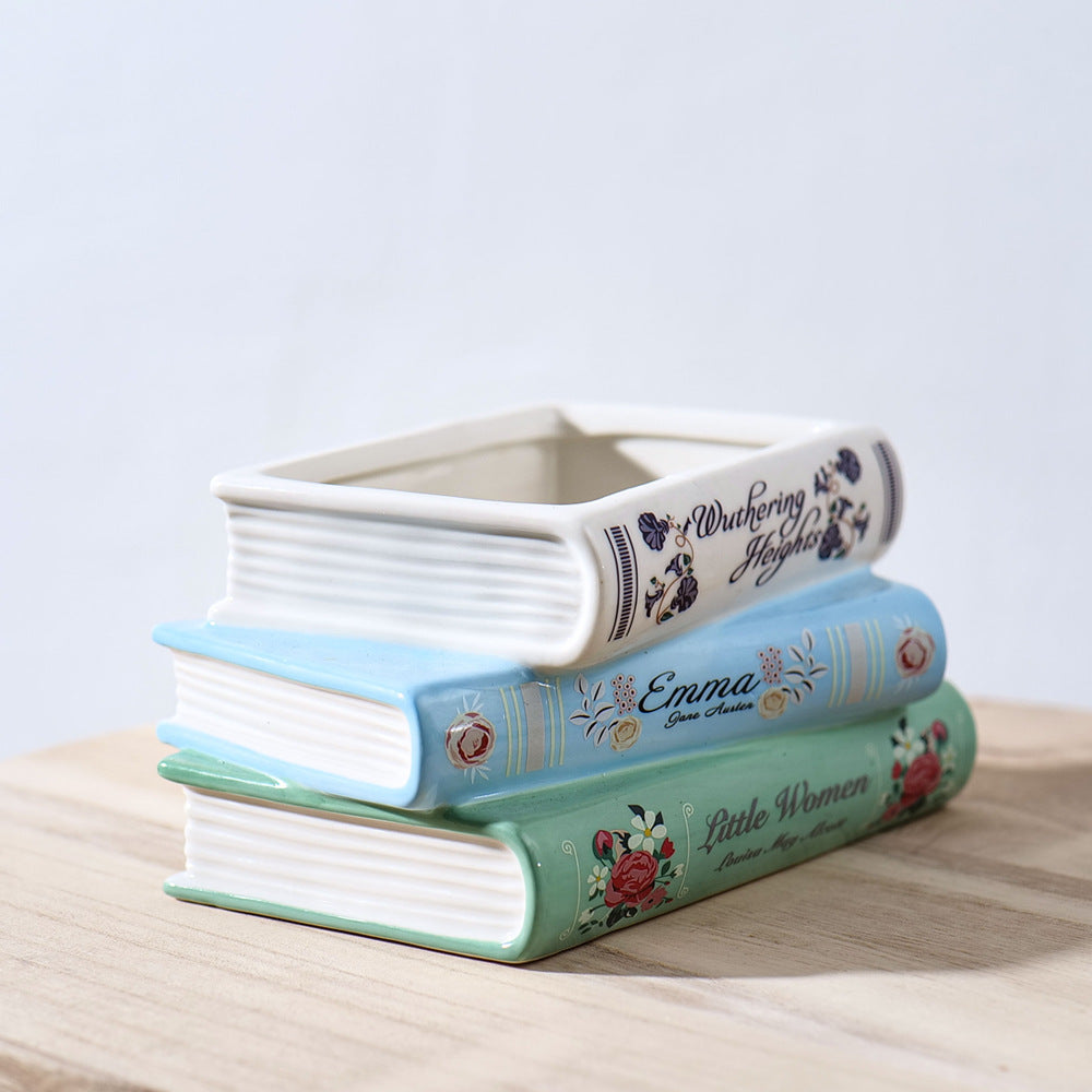 Literary Book Vase - Creative Ceramic Planter & Desk Organizer(Stack of books) 3