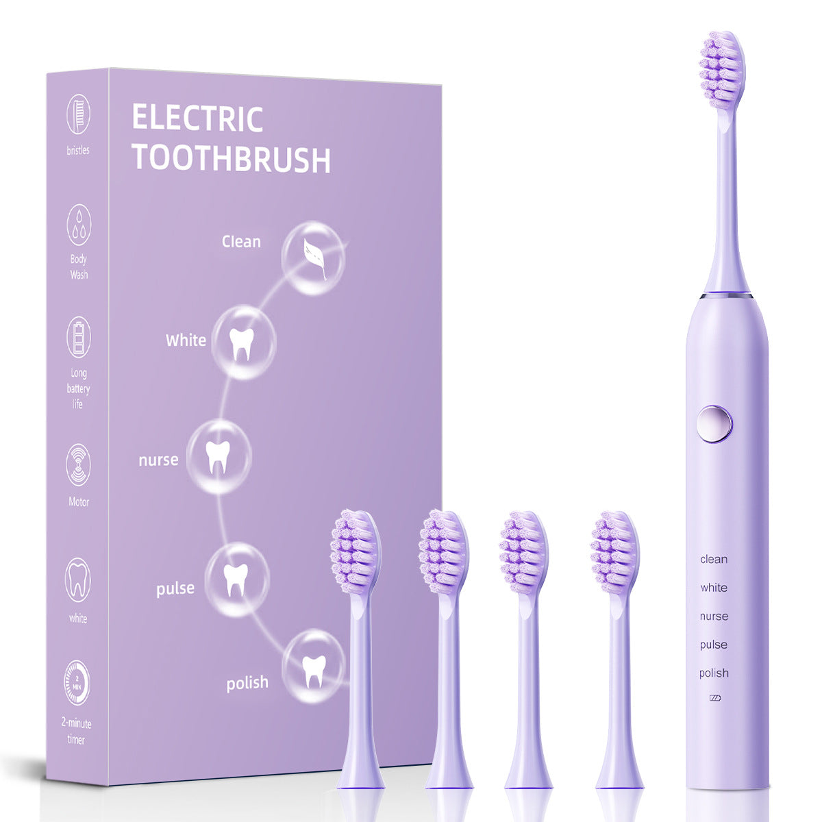 Advanced Sonic Toothbrush: 5 Cleaning Modes, 2-Min Timer, USB Fast Charge, Purple (4 brush heads)