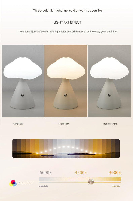 Gray Mushroom LED Table Lamp - Rechargeable, 3-Color Touch Dimmable, USB-C 3