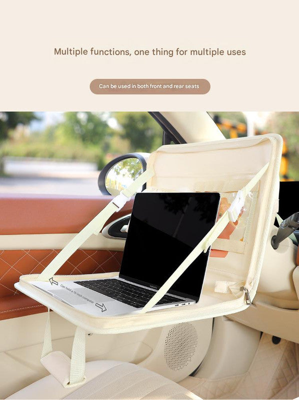 Black Foldable Car Back Seat Organizer Tray - PU Leather Travel Desk with Tablet Holder 3