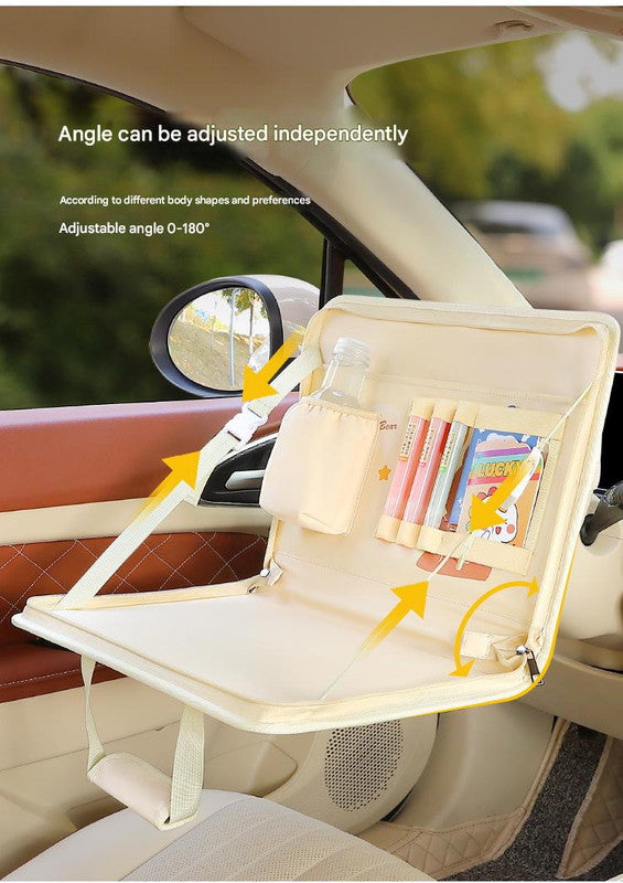 Yellow Foldable Car Back Seat Organizer Tray - PU Leather Travel Desk with Tablet Holder 5
