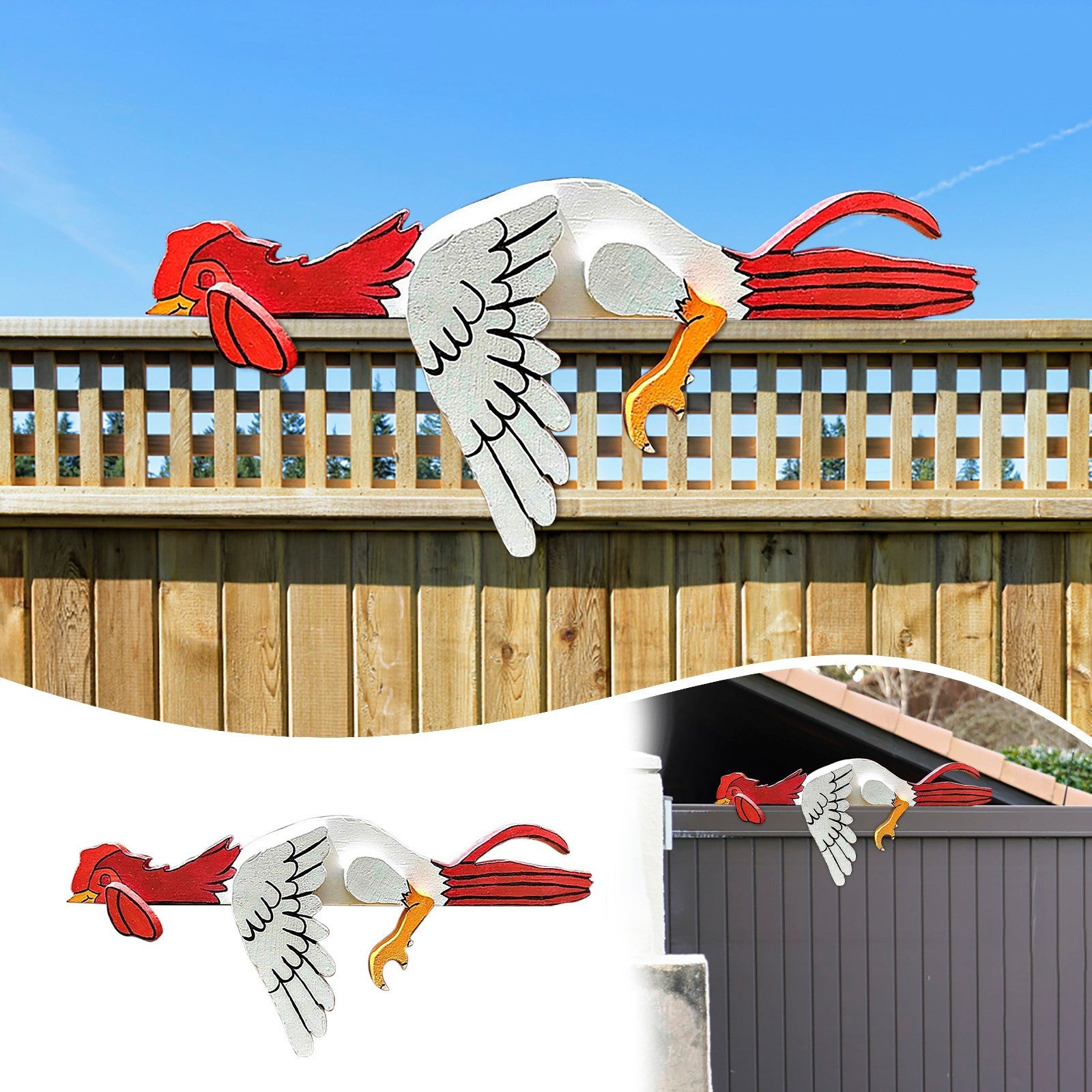 2 Pcs Red And White Whimsical Lazy Chicken Fence Topper - Funny PVC Garden & Home Decor Ornament 3