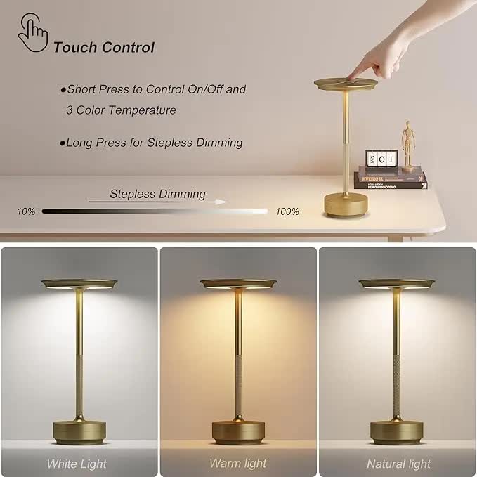 Silver Elegant Aluminum Alloy Rechargeable LED Touch Lamp - 3-Color Dimmable Cordless Table Light 3