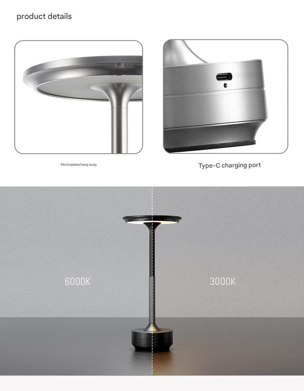 Silver Elegant Aluminum Alloy Rechargeable LED Touch Lamp - 3-Color Dimmable Cordless Table Light 5