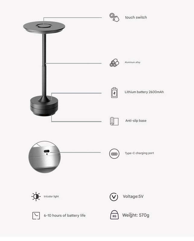 Black Elegant Aluminum Alloy Rechargeable LED Touch Lamp - 3-Color Dimmable Cordless Table Light 6