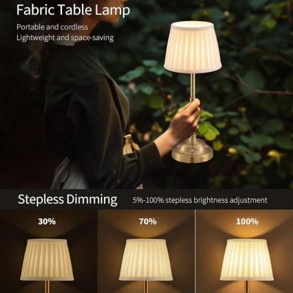 Gold and White Elegant Rechargeable Fabric Shade LED Lamp - Cordless Touch Stepless Dimmable Table Light 3