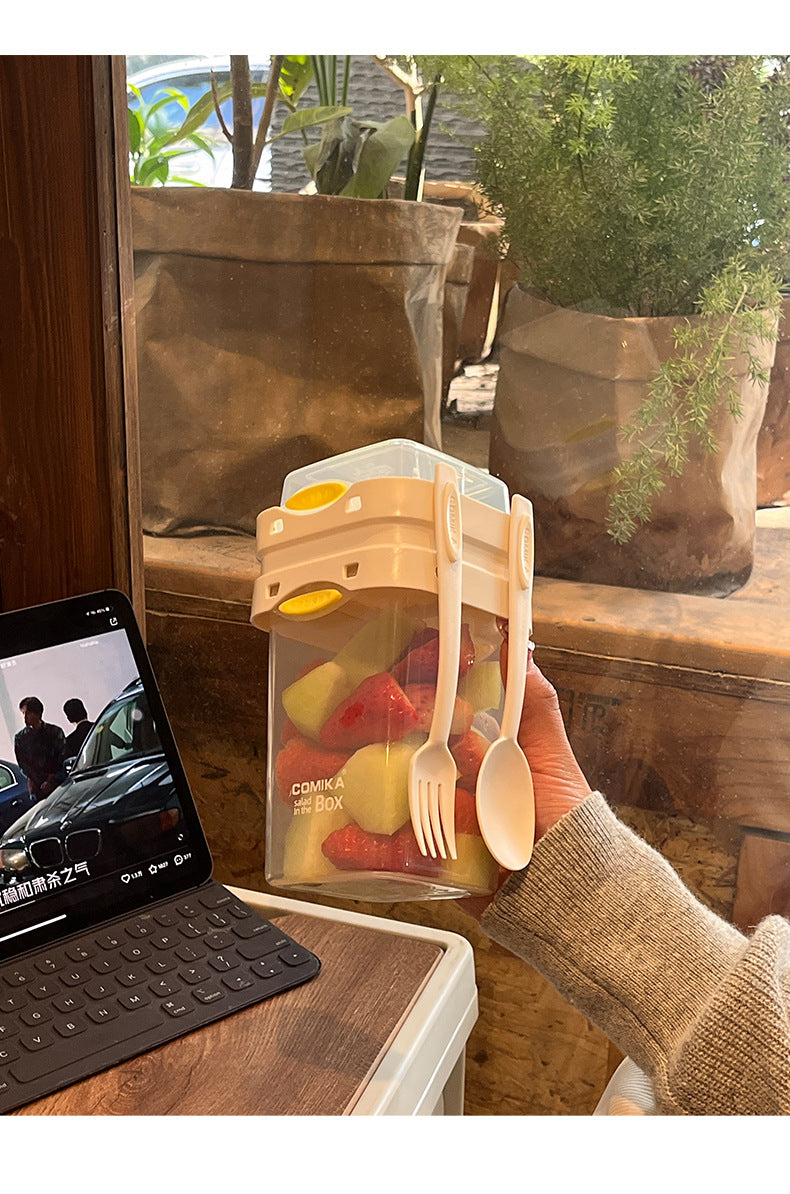 White Portable Salad & Breakfast Cup On-the-Go - Dual Compartment Container with Spork 4