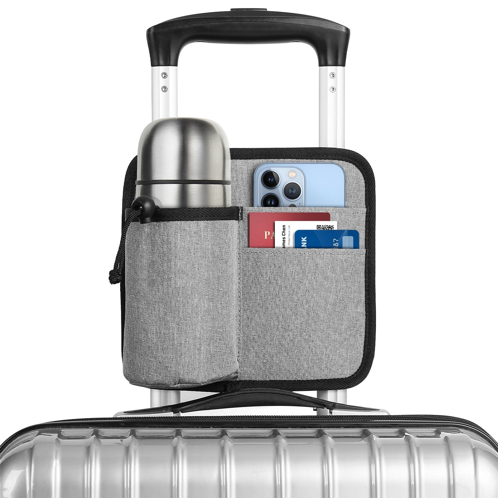 2 Pcs Grey Hands-Free Luggage Handle Travel Cup Holder & Organizer Pouch
