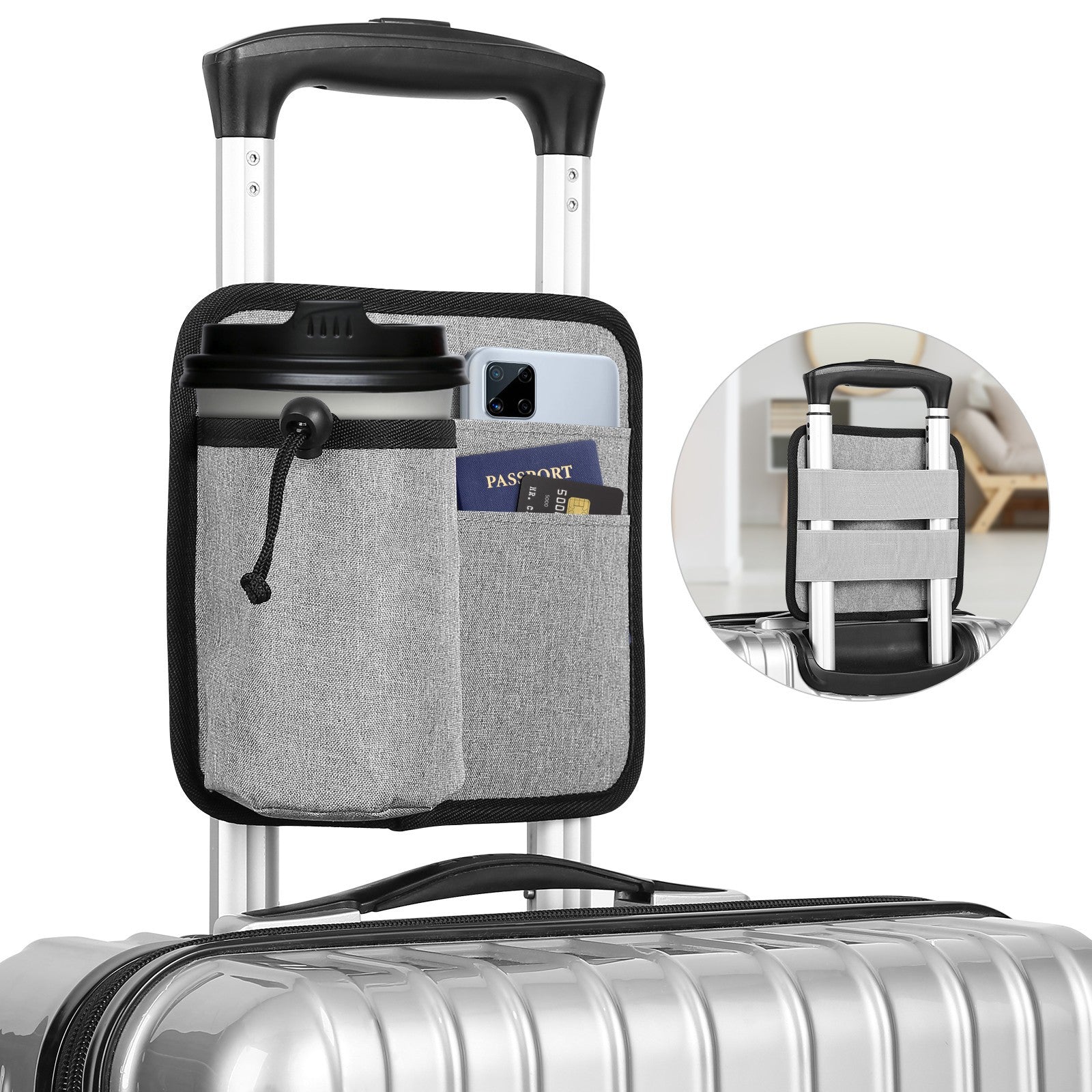 2 Pcs Grey Hands-Free Luggage Handle Travel Cup Holder & Organizer Pouch 3