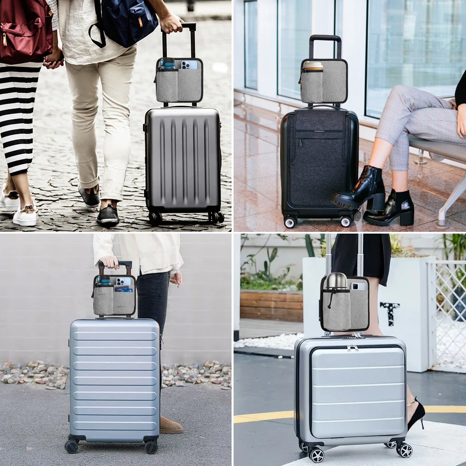 2 Pcs Grey Hands-Free Luggage Handle Travel Cup Holder & Organizer Pouch 6
