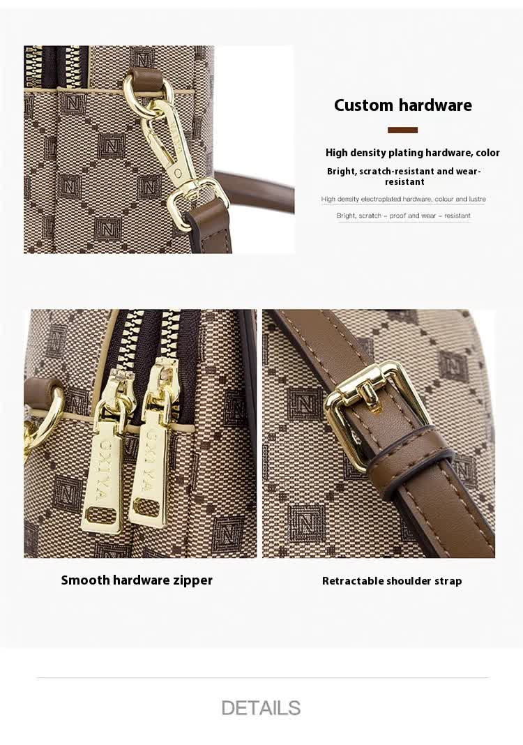 Brown and Beige Chic Diamond Mini Crossbody Phone Purse - PU Leather Vertical Shoulder Bag with Headphone Port 4