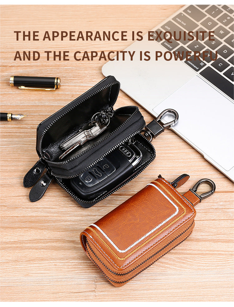 Brown Premium Genuine Leather Double Zipper Key Case - Car & House Key Organizer Pouch 3