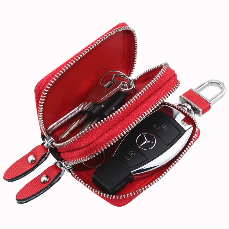 White Compact Crossgrain Leather Double Zipper Key Case - Stylish Car & Home Key Organizer 4