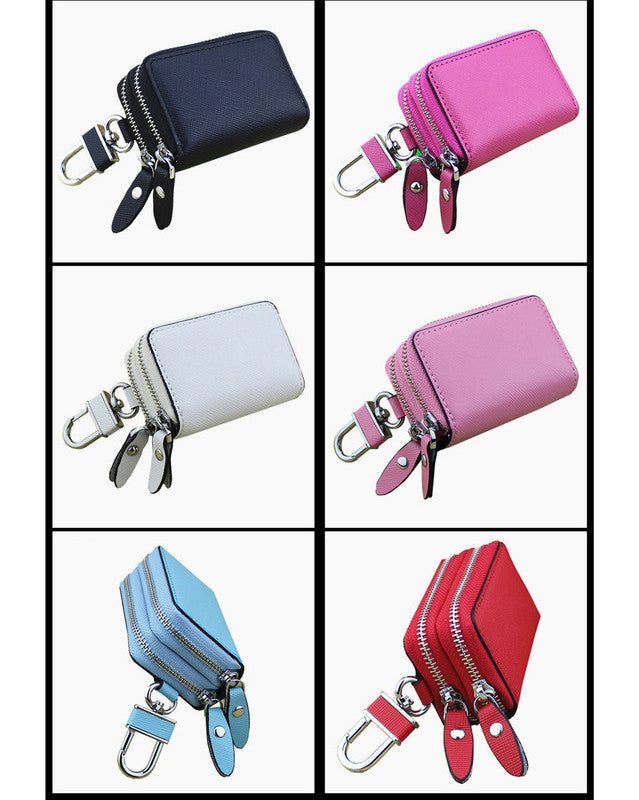 White Compact Crossgrain Leather Double Zipper Key Case - Stylish Car & Home Key Organizer 7