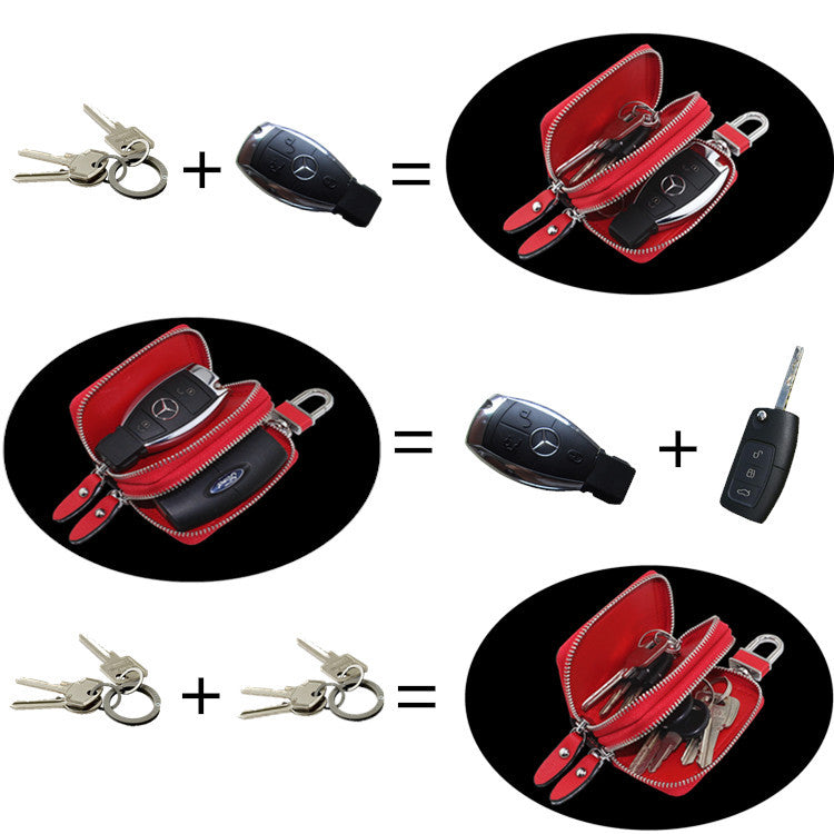 Red Compact Crossgrain Leather Double Zipper Key Case - Stylish Car & Home Key Organizer 3