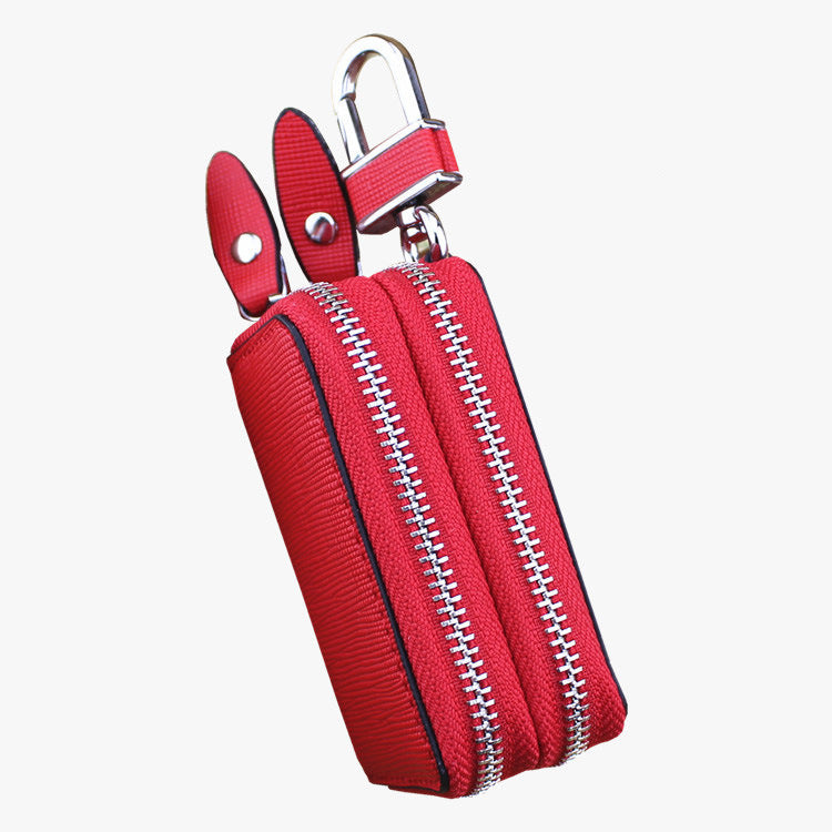 Red Compact Crossgrain Leather Double Zipper Key Case - Stylish Car & Home Key Organizer 5