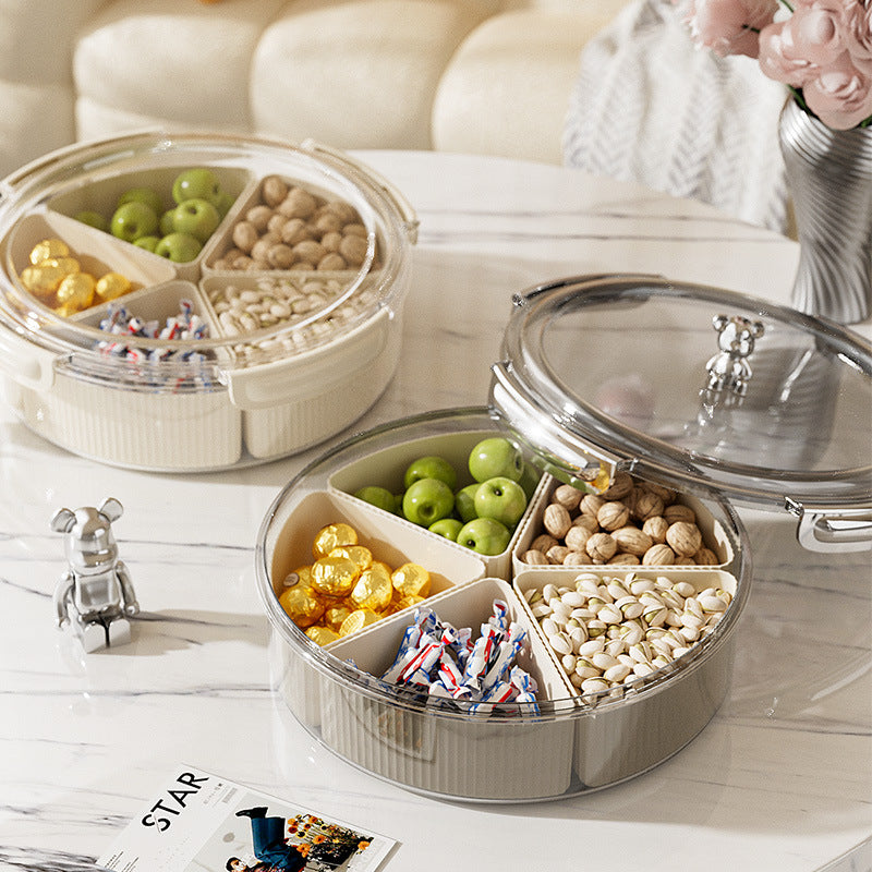 Beige And Silver Snap Button Elegant Compartment Serving Tray with Lid - Versatile Snack, Fruit & Candy Box