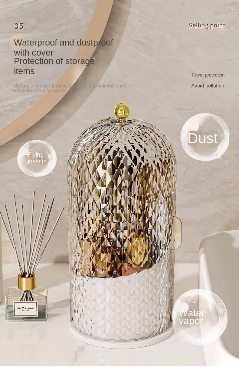 White Elegant 360 Rotating Makeup Brush Holder & Cosmetic Organizer with Dustproof Dome Lid(Makeup is a prop for shooting and is not included) 6