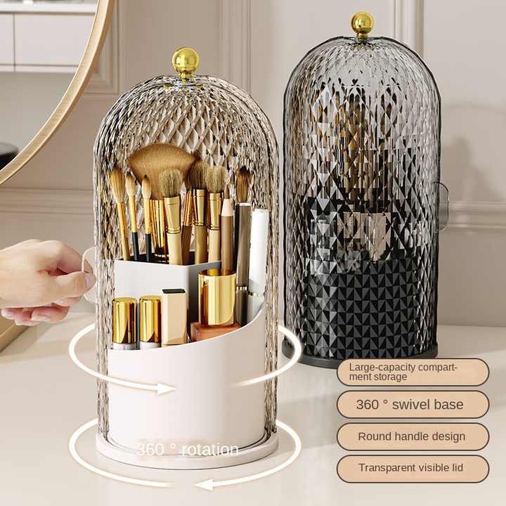 Black Elegant 360 Rotating Makeup Brush Holder & Cosmetic Organizer with Dustproof Dome Lid(Makeup is a prop for shooting and is not included) 3