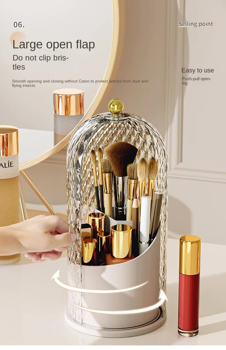 Black Elegant 360 Rotating Makeup Brush Holder & Cosmetic Organizer with Dustproof Dome Lid(Makeup is a prop for shooting and is not included) 7