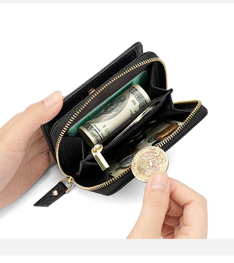 Black Compact RFID Genuine Leather Wallet for Women - Secure Zipper Card Holder & Coin Purse 7