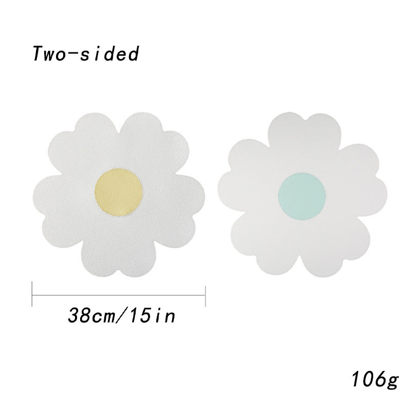 White Background With Yellow Heart + Blue Heart Set of 6 Reversible Flower Shaped Placemats - Waterproof PU Leather Dining Table Mats