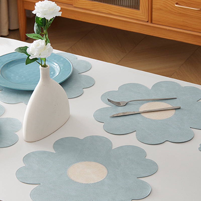 White Background With Yellow Heart + Blue Heart Set of 6 Reversible Flower Shaped Placemats - Waterproof PU Leather Dining Table Mats 4