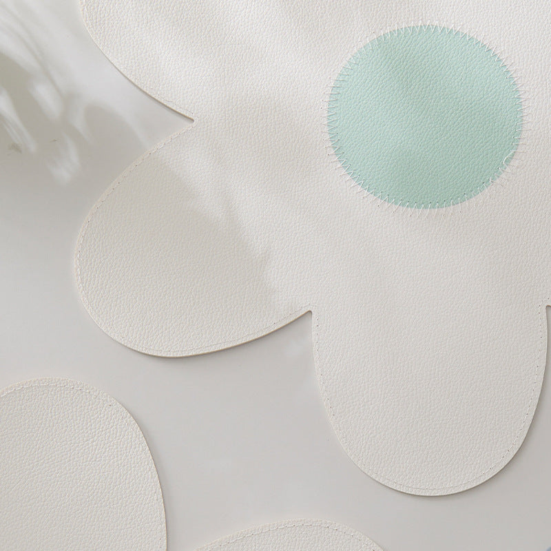 White Background With Yellow Heart + Blue Heart Set of 6 Reversible Flower Shaped Placemats - Waterproof PU Leather Dining Table Mats 5