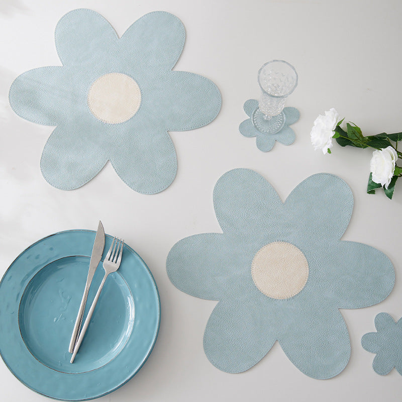 Blue Background With White Heart + Blue Background Set of 6 Reversible Flower Shaped Placemats - Waterproof PU Leather Dining Table Mats 3
