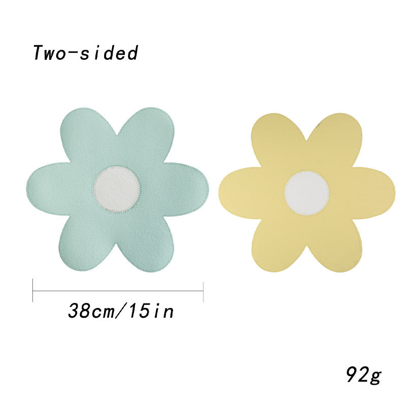 Blue Background With White Heart + Blue Background Set of 6 Reversible Flower Shaped Placemats - Waterproof PU Leather Dining Table Mats