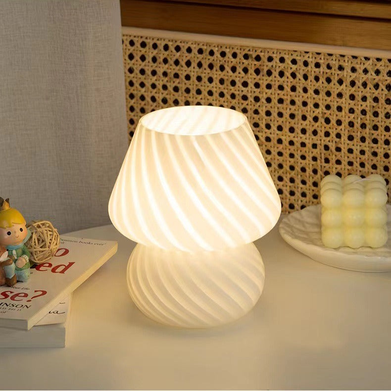 White Retro Swirl Glass Mushroom Table Lamp - USB Powered 3-Level Dimmable Bedside Accent Light
