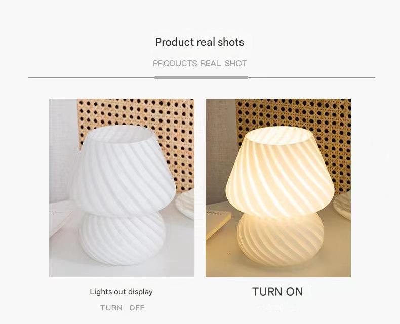White Retro Swirl Glass Mushroom Table Lamp - USB Powered 3-Level Dimmable Bedside Accent Light 6