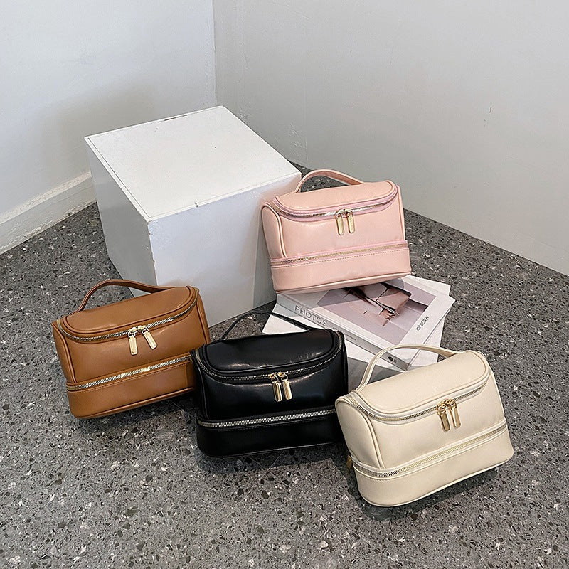 Beige Large Capacity Double Layer PU Leather Makeup Bag - Portable Travel Cosmetic Organizer Case 3